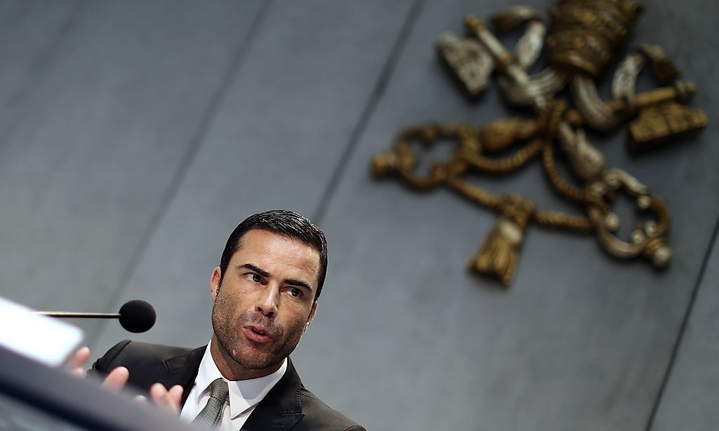 Bruelhart, director of the Vatican's Financial Information Authority, speaks during a news conference at the Vatican