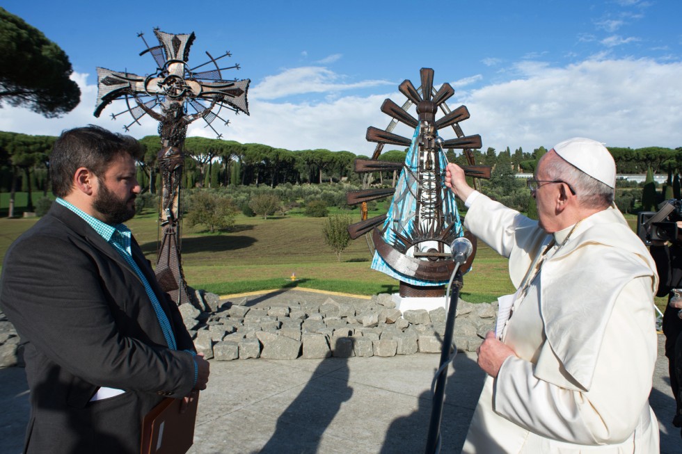 Pope Francis blesses two new statues by Argentine artist Alejandro Marmo at papal villa at Castel Gandolfo